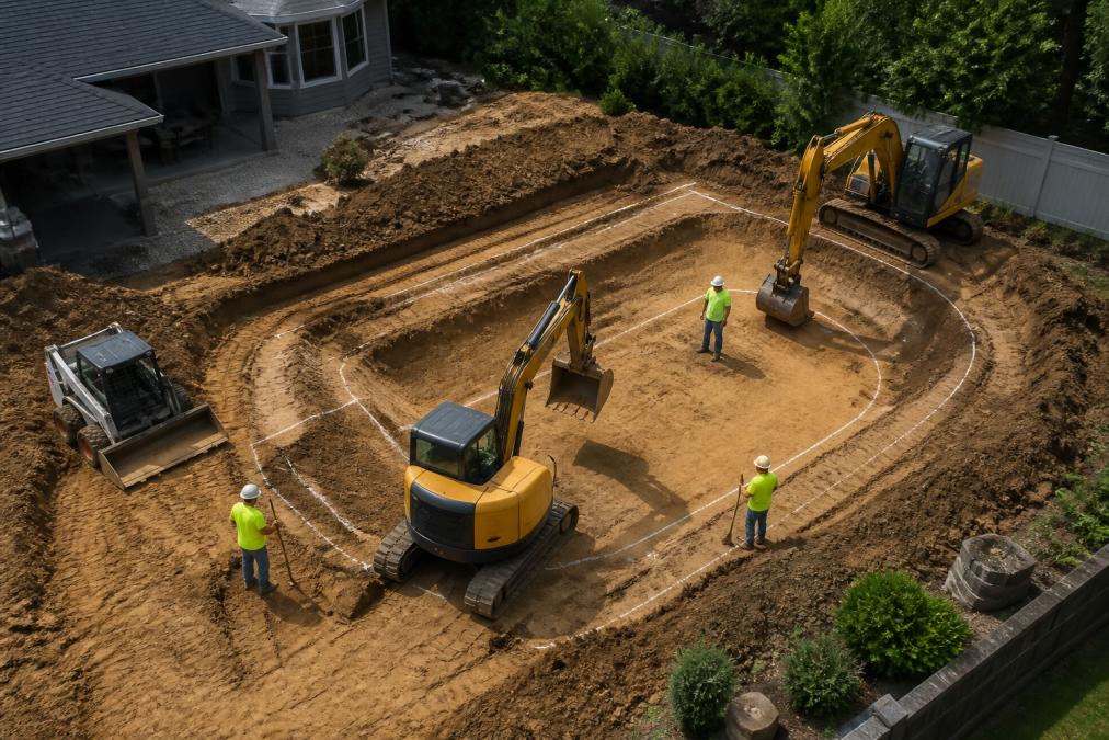 Aerial view of residential backyard showing excavation equipment positioned around marked pool area, with grading lines visible on exposed soil and construction crew members in safety gear directing the site preparation