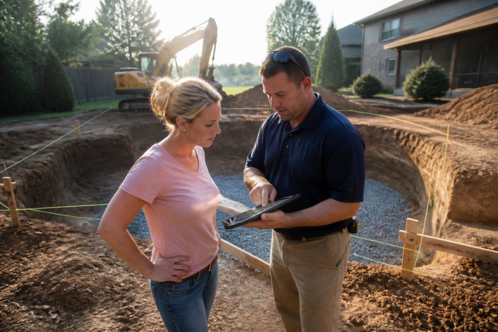 Homeowner and contractor reviewing detailed construction plans on a tablet while standing at the active pool excavation site, with heavy equipment visible in background and morning sunlight illuminating the marked pool area
