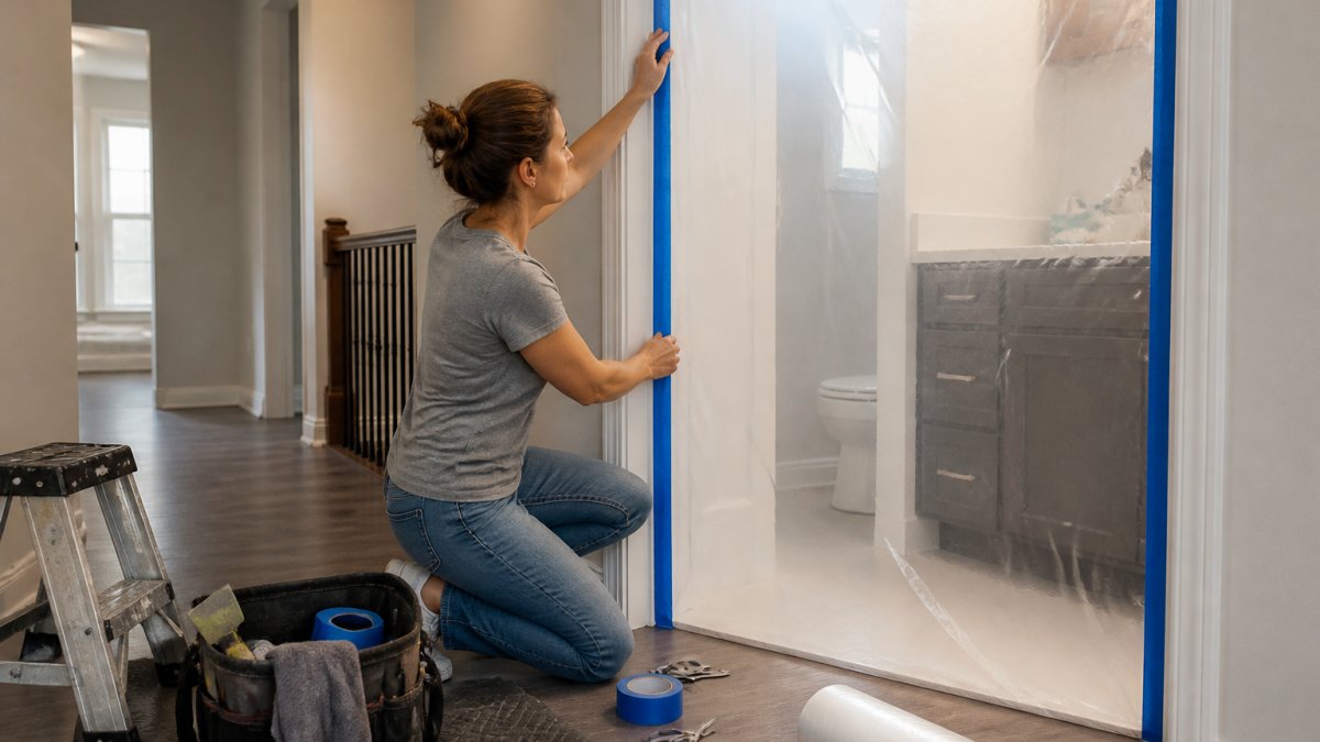 A homeowner in casual clothes carefully taping clear plastic sheeting over a bathroom doorway, with a roll of tape and scissors on the floor nearby, hallway visible behind