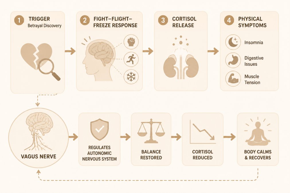 Flowchart showing the stress response cycle: Trigger (Betrayal Discovery) → Fight-Flight-Freeze Response → Cortisol Release → Physical Symptoms (Insomnia, Digestive Issues, Muscle Tension). Parallel path shows the Vagus Nerve and its role in regulating the autonomic nervous system.