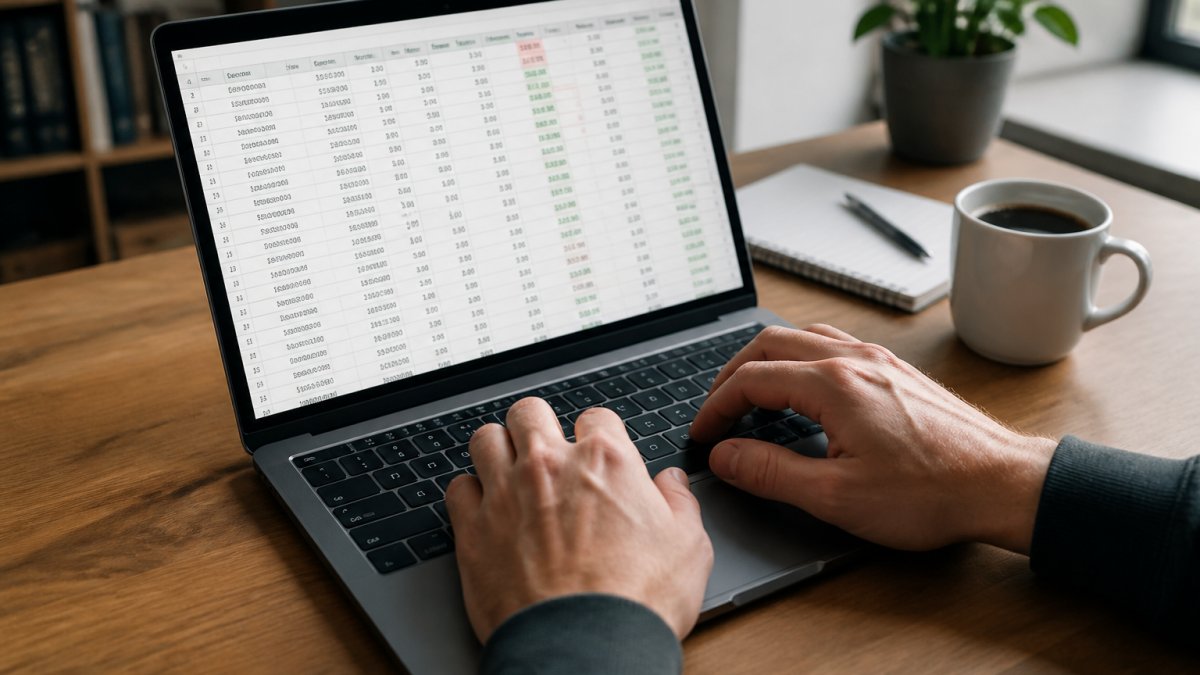 Close-up of hands typing on a laptop with a spreadsheet open showing betting data, coffee cup and notepad visible on desk, natural office lighting