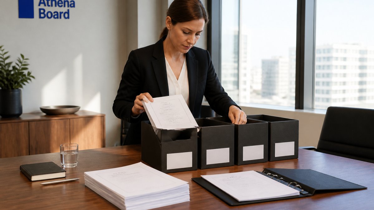 A company secretary's hands sorting a printed board pack into labelled folders on a polished timber meeting table, morning light through office windows