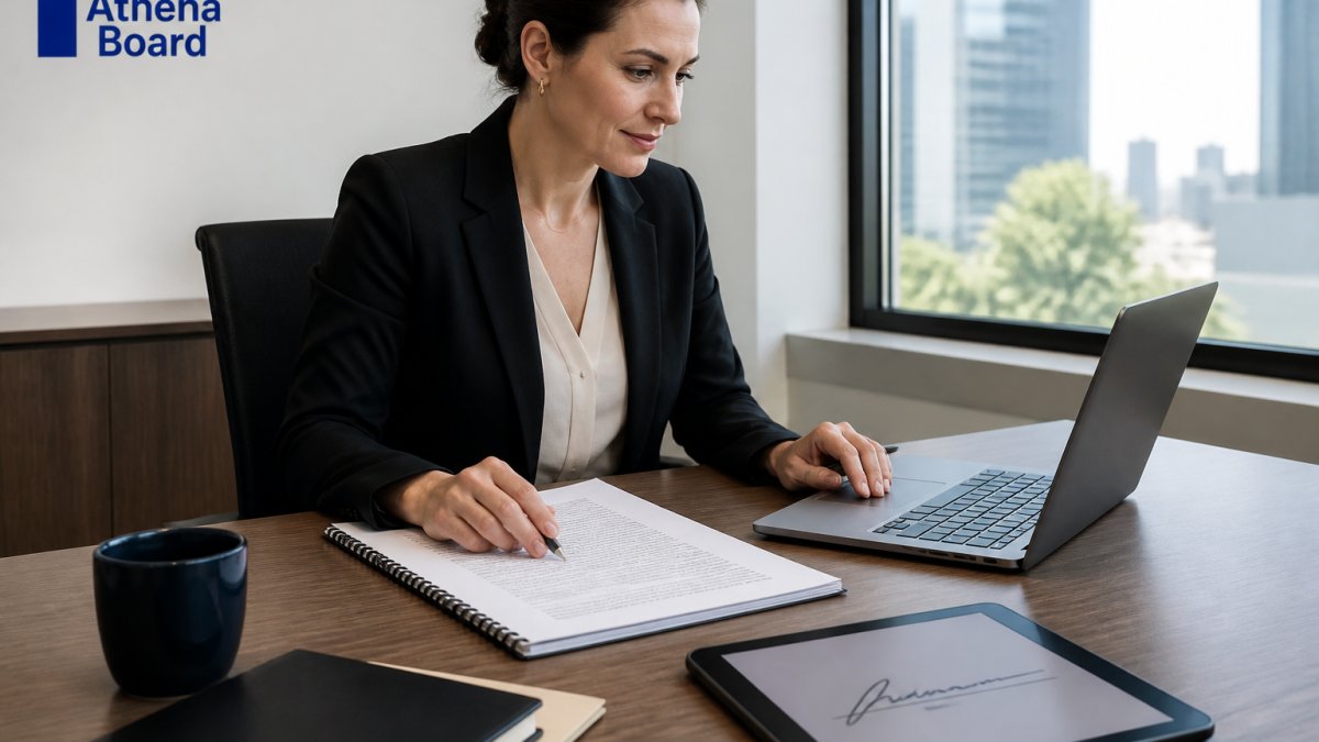 A company secretary at a desk reviewing a board resolution on a laptop, with a stylus and tablet displaying a signature panel nearby, in a bright modern office