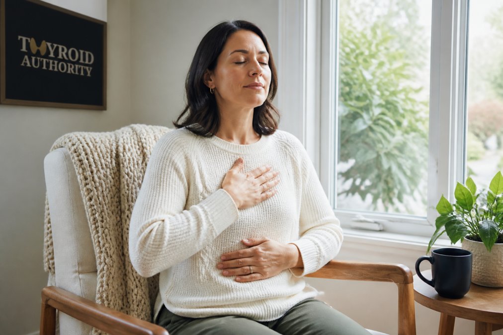 Woman sitting peacefully in a comfortable chair by a window with soft natural light, practicing deep breathing exercises with a serene expression