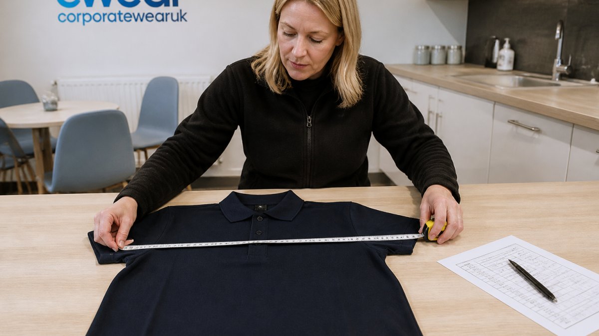 Diagram showing the process of measuring a polo shirt against a size chart for accurate workwear fitting