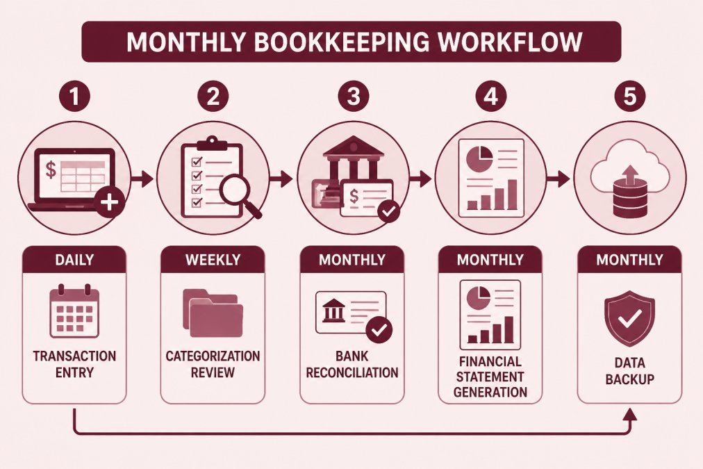 Flowchart showing monthly bookkeeping workflow: daily transaction entry → weekly categorization review → monthly bank reconciliation → financial statement generation → data backup