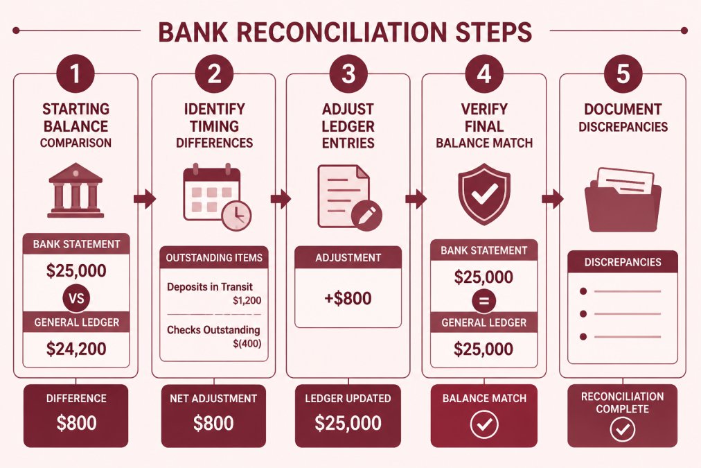 Diagram showing bank reconciliation steps: starting balance comparison → identify timing differences → adjust ledger entries → verify final balance match → document discrepancies