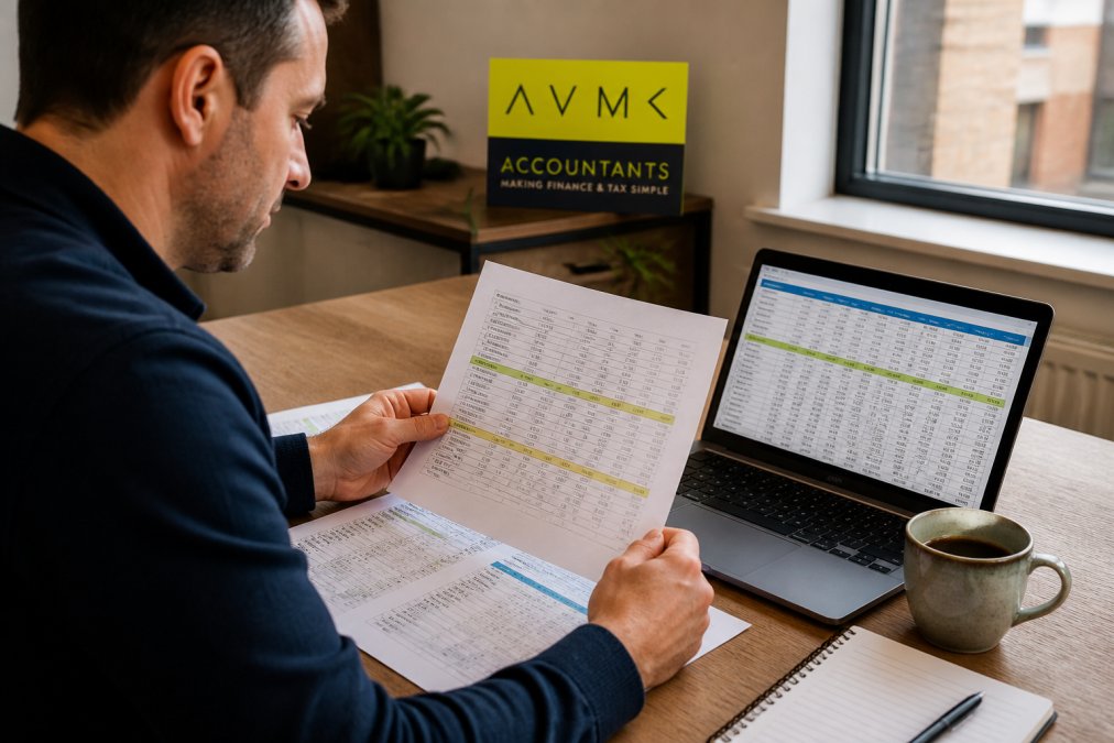 A business owner sitting at a desk reviewing printed financial spreadsheets and a laptop screen showing a cash flow forecast, with a coffee cup and notebook nearby
