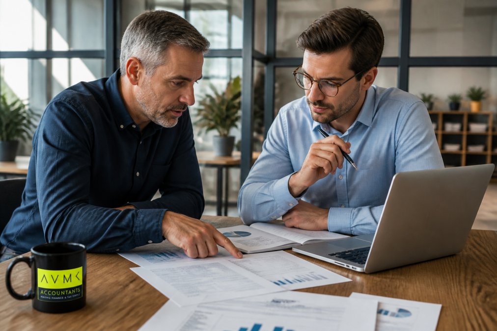 A financial adviser and business owner discussing reports together at a meeting table, with printed management accounts and a laptop open between them