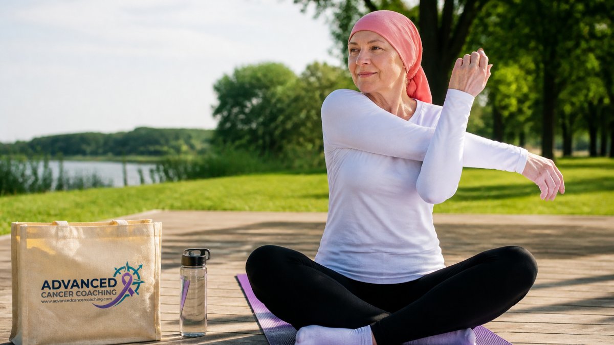 Cancer survivor doing gentle stretching outdoors in natural daylight, demonstrating calm, supported movement during recovery with peaceful expression
