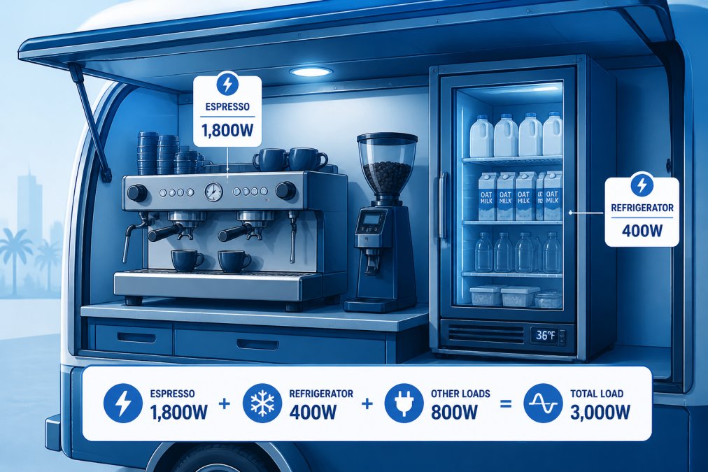 Close-up of espresso machine and commercial refrigerator equipment inside a mobile coffee cart, showing brewing apparatus and cooling unit operating simultaneously