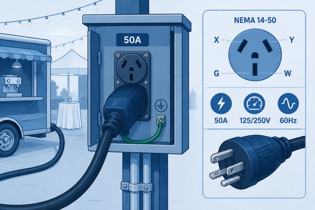 Power cord and NEMA 14-50 connector plugged into an electrical panel at an outdoor event venue, showing proper connection setup with grounding visible