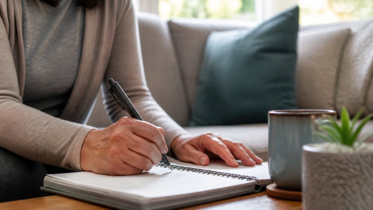 A middle-aged adult sitting on a couch with a journal and pen, planning daily activity levels, with a calm home environment in the background