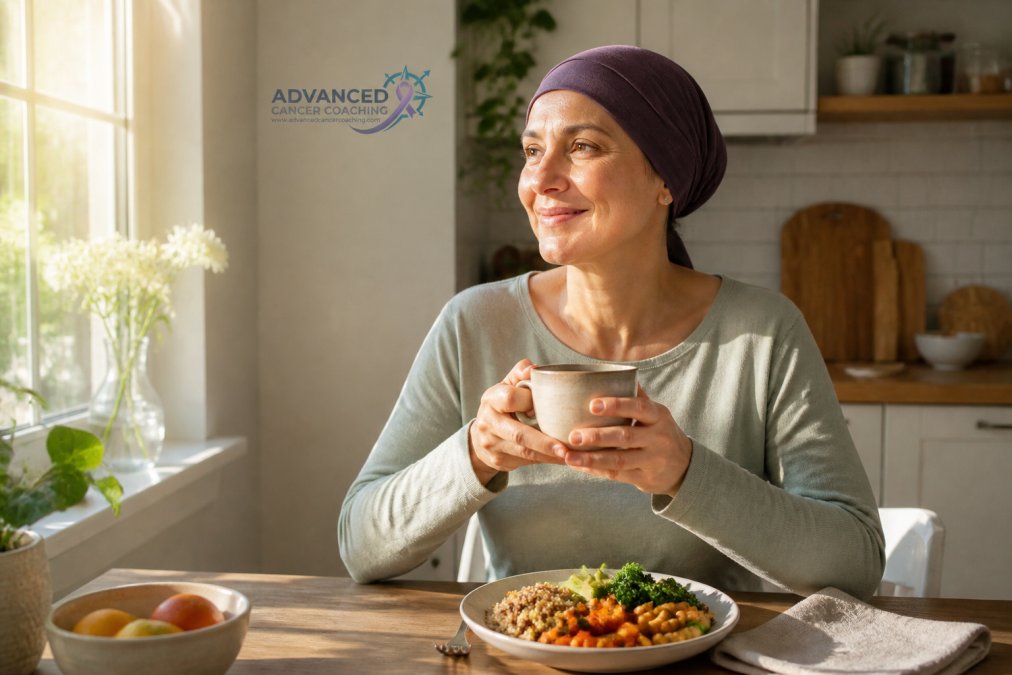 Patient sitting in a bright kitchen with natural sunlight, holding a warm beverage and a plate of nutrient-dense foods including whole grains and vegetables, appearing calm and rested