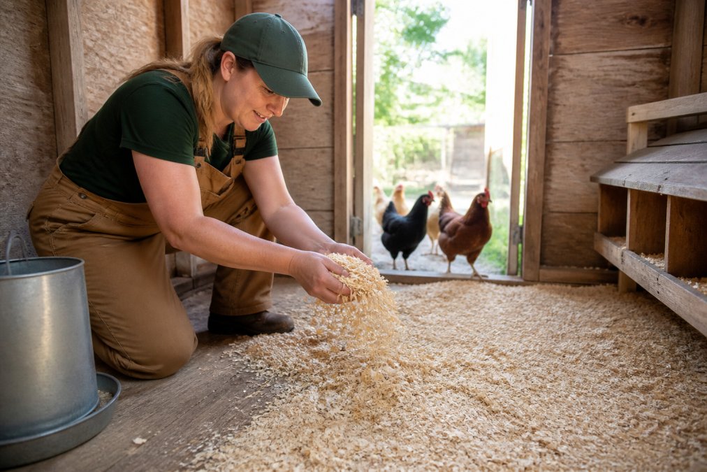 A backyard chicken keeper spreading fresh pine shavings across a clean wooden coop floor, open coop door with chickens visible in the background, soft morning light