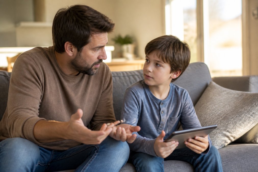 Parent and child having a calm conversation to manage child screen time while sitting together on a couch.