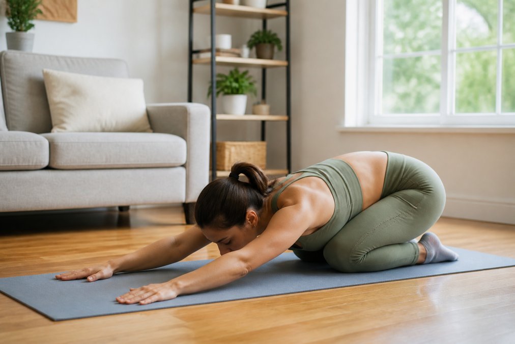 A person in comfortable athletic wear performing a gentle floor stretch on a yoga mat in a bright, uncluttered living room with natural light coming through a window