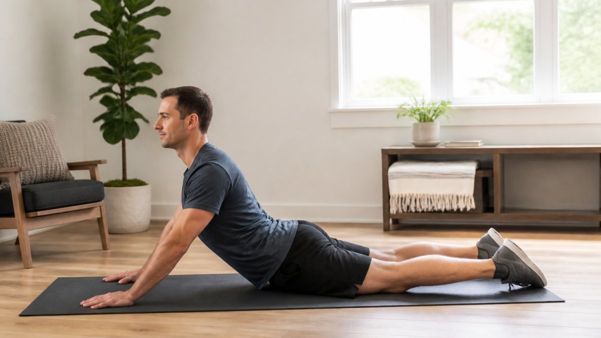 Person performing a controlled stretch on a yoga mat to help manage chronic back pain with neutral spine alignment.