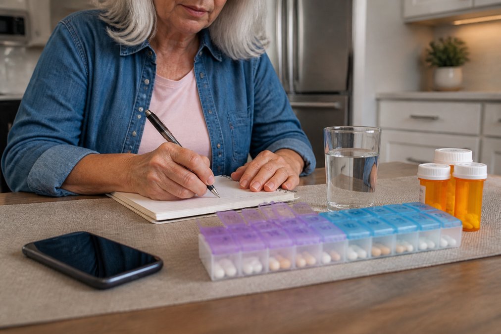 A person sitting at a kitchen table writing in a symptom journal next to a pill organizer and a glass of water, with a smartphone showing a health app in the foreground