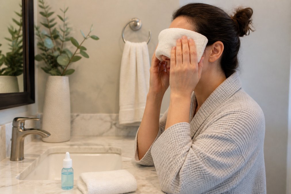 Close-up of a person applying a warm compress over their closed eyes while sitting at a bathroom sink, with a small towel and bottle of artificial tears visible on the counter