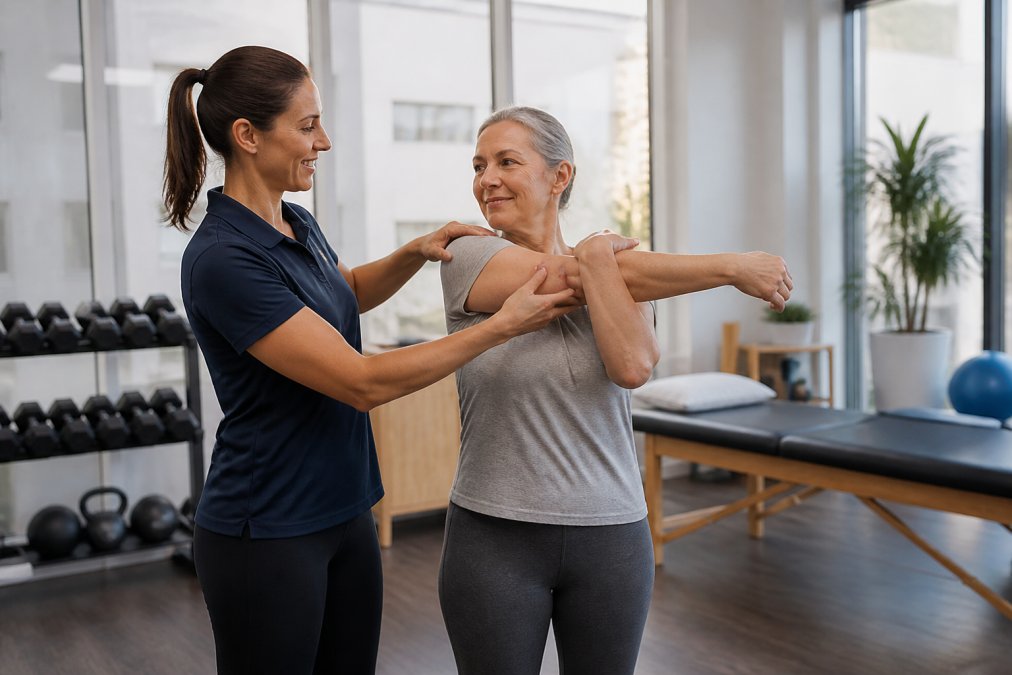 A physical therapist guiding a patient through a gentle stretching exercise, both standing in a bright modern rehabilitation clinic with large windows and clean equipment