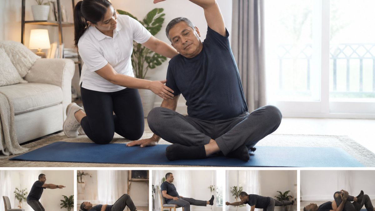 A middle-aged person performing a gentle seated stretch on a yoga mat in a bright living room, with a physiotherapist kneeling beside them guiding the movement