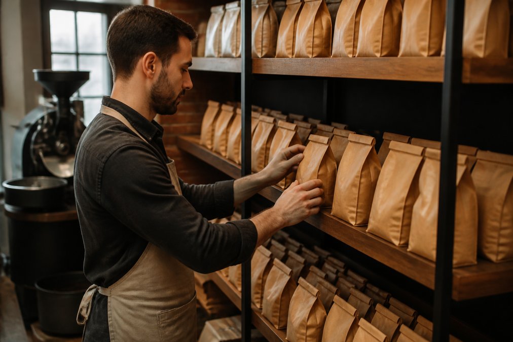 Barista organizing coffee bean inventory by rotating older bags to the front of the shelf