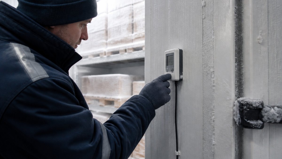 Professional technician checking digital temperature display on data logger device mounted inside refrigerated warehouse storage unit with frost-covered shelves visible in background