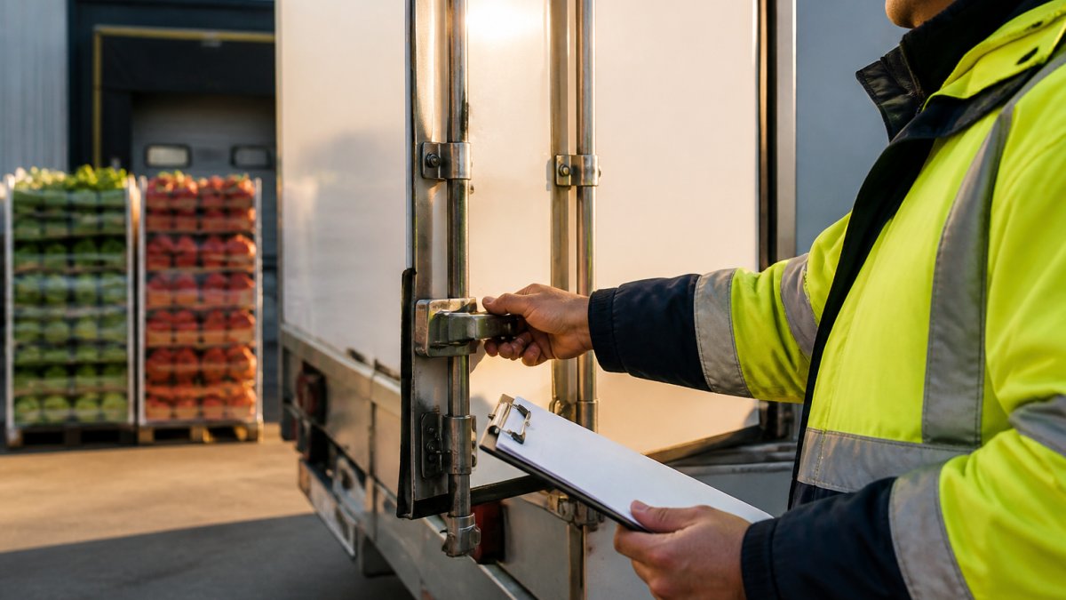 Worker inspecting a refrigerated trailer for cold chain logistics at a loading dock with fresh produce pallets