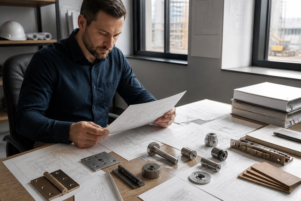 Contractor at desk reviewing submittal documents and hardware product samples with blueprints and specification sheets visible in modern site office