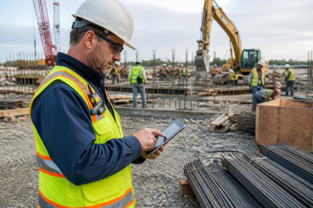 Construction superintendent using a tablet to monitor construction job costing while a crew works on-site