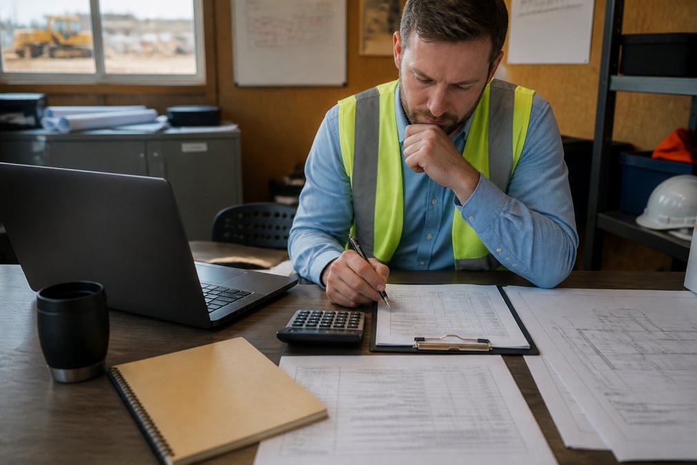 Construction project manager reviewing budget spreadsheet and cost reports on laptop at job site office with blueprints and documents visible