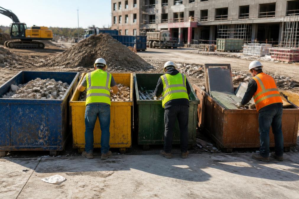Construction site with multiple labeled waste collection bins and dumpsters organized by material type (wood, metal, concrete, drywall), workers sorting debris into appropriate containers with clear signage visible, natural daylight