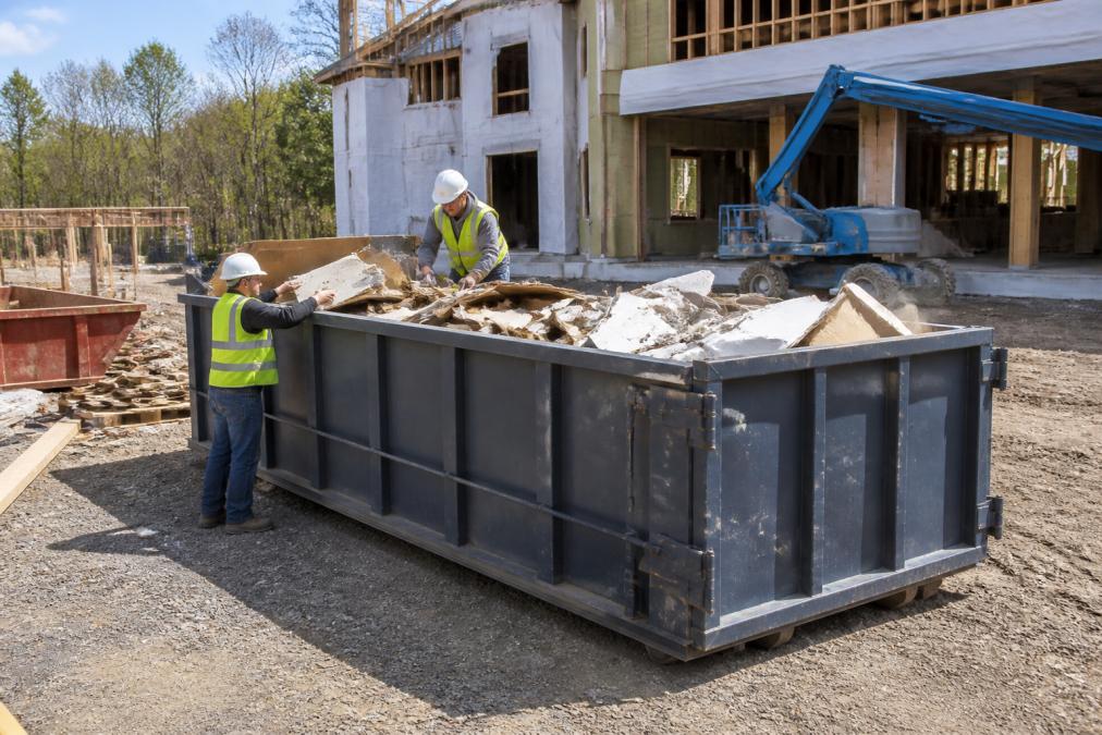 Roll-off dumpster positioned at active construction site with workers loading mixed construction debris, showing the container's scale relative to surrounding structures and equipment, natural daylight