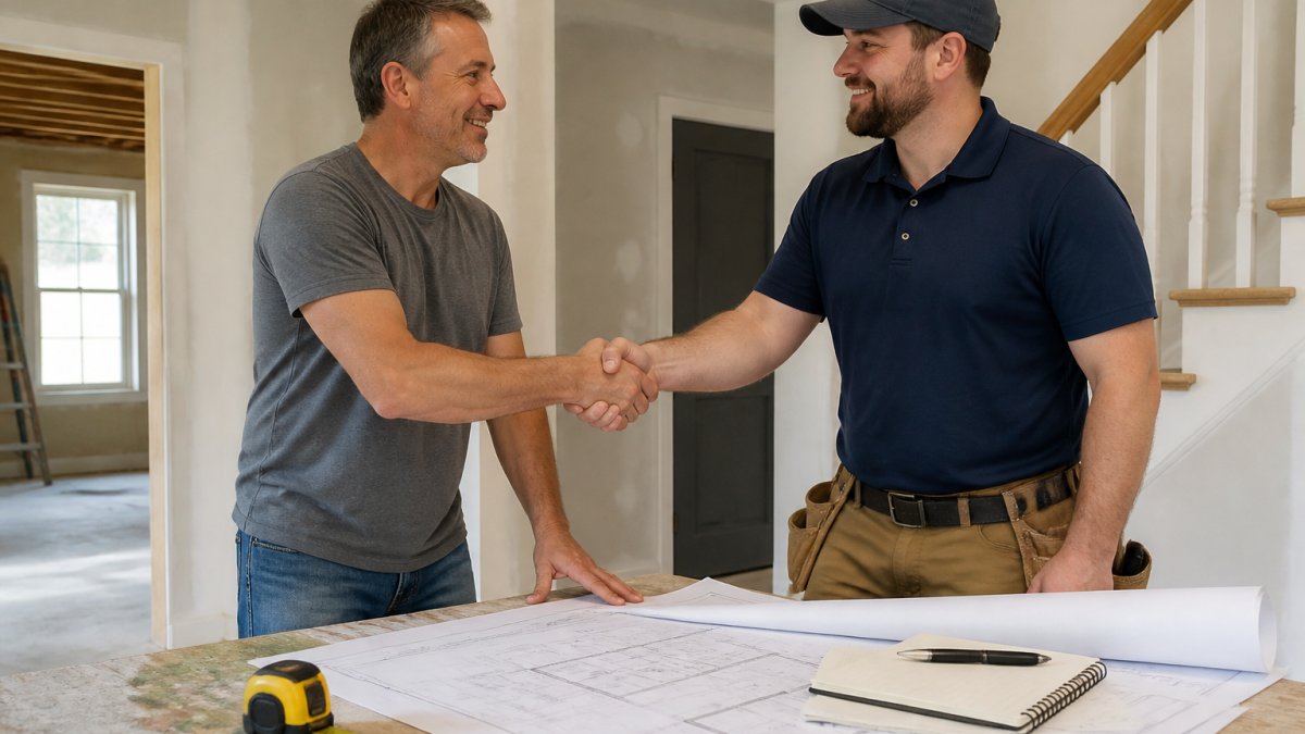 Homeowner and contractor shaking hands while reviewing blueprints and project plans on a table with tape measure and notebook visible in bright natural lighting