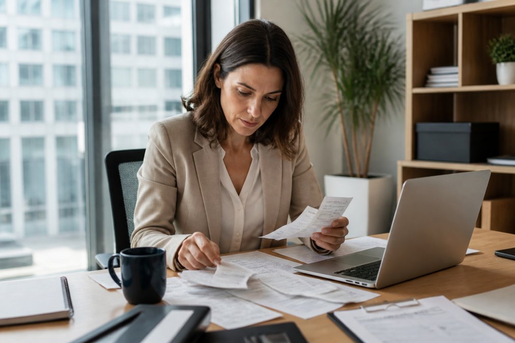 A corporate travel manager reviewing a spreadsheet and transport receipts at a desk in a modern office, laptop open and coffee nearby, natural daylight through a window