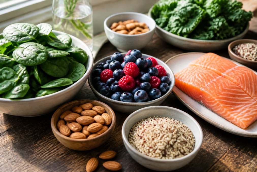 Colorful spread of whole foods on a wooden table including leafy greens, fresh berries, raw almonds, wild-caught salmon fillets, and quinoa in bowls, arranged with natural window lighting