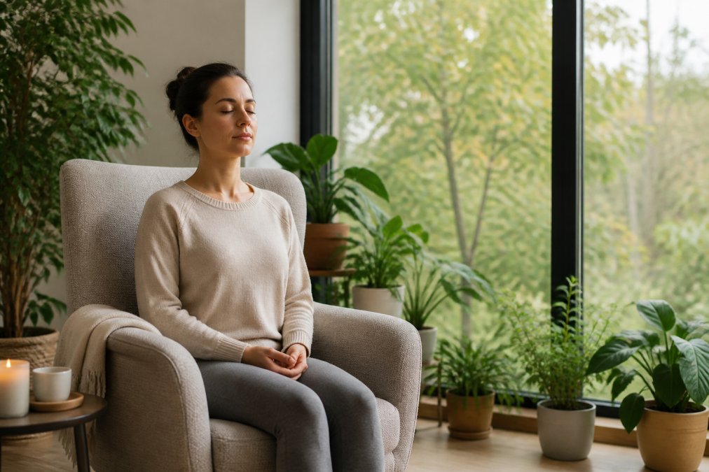 Person sitting peacefully in a comfortable chair by a large window with soft natural light, eyes gently closed, practicing deep breathing with hands resting on lap, surrounded by potted plants and warm furnishings