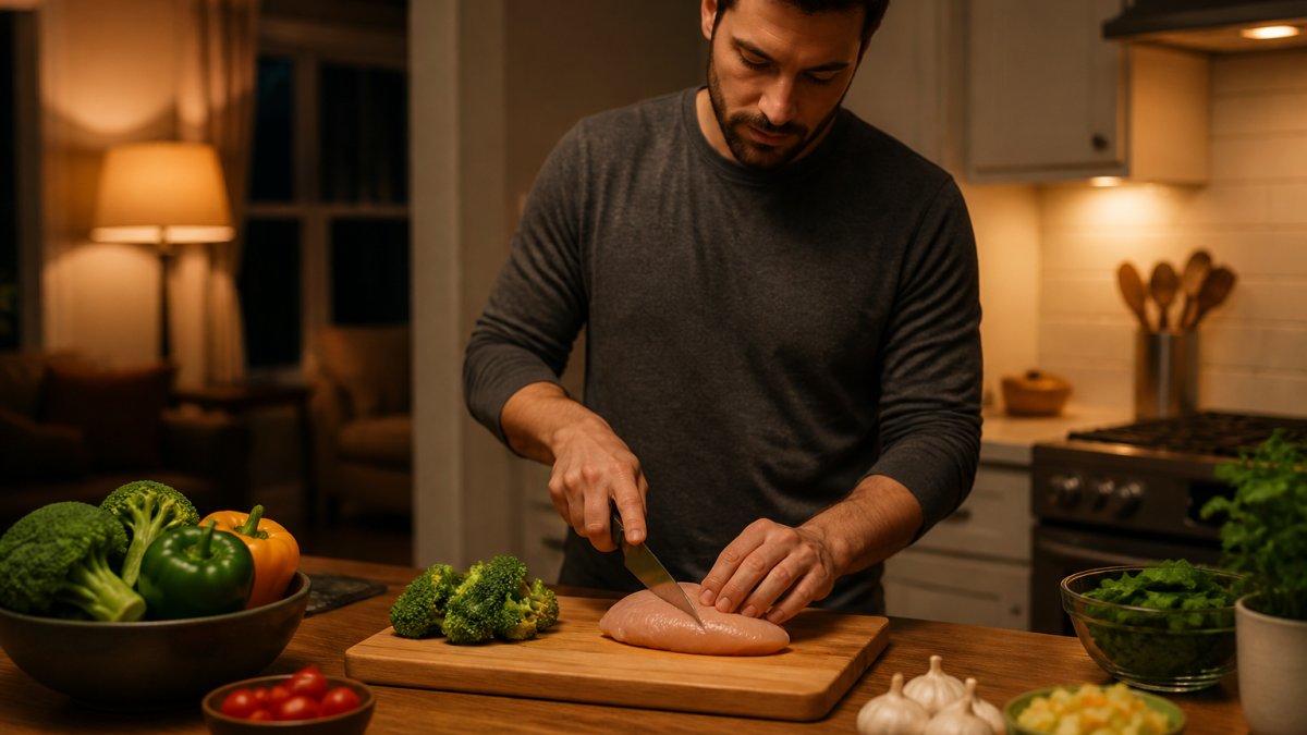 Person preparing a healthy meal with fresh vegetables to help manage cravings at night in a cozy kitchen.