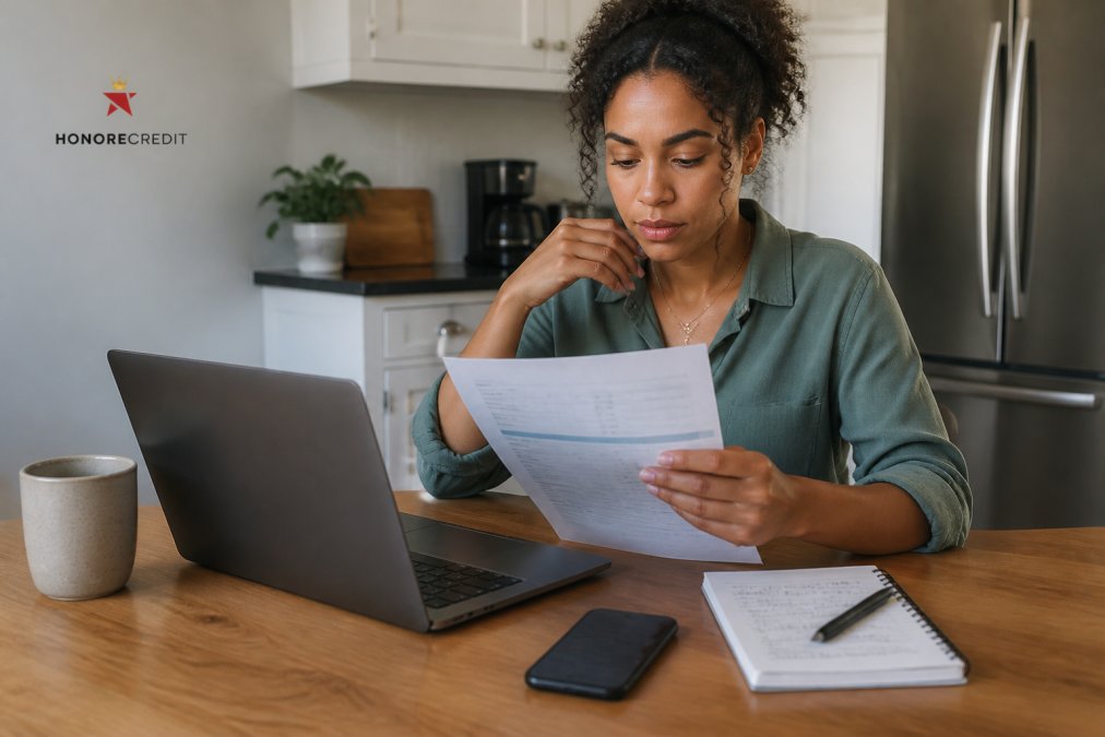 A person at a kitchen table reviewing a credit card statement on a laptop, with a phone open to a banking app and a handwritten budget notepad beside them