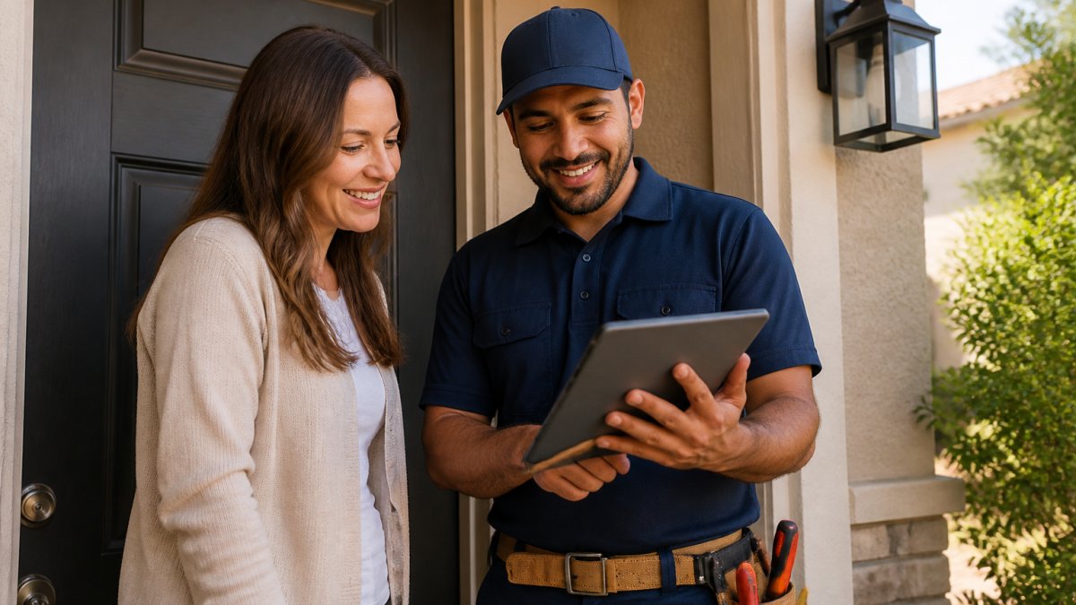 A friendly service technician in uniform showing a tablet with a service checklist to a homeowner at their front door, both looking at the screen and smiling, warm morning light