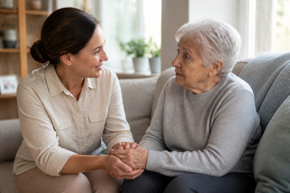 A gentle caregiver holding the hand of an elderly woman with dementia, providing reassurance in a cozy, sunlit living room