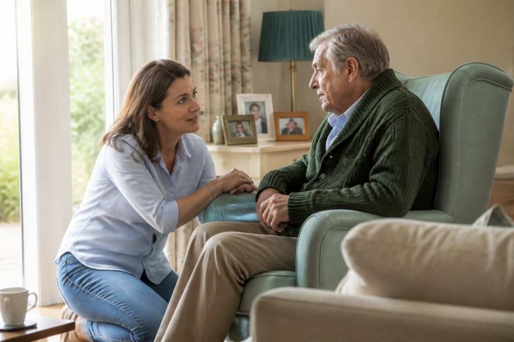 A middle-aged woman kneeling beside an older man seated in an armchair in a bright living room, speaking gently with a calm expression, soft natural light through the window, homely setting with framed photos on a side table