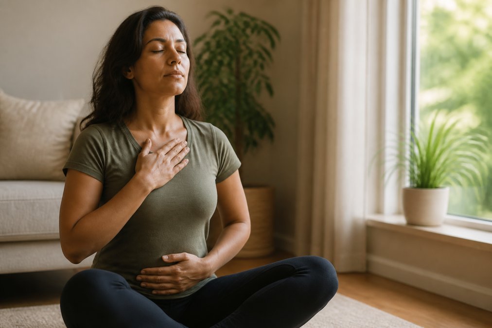 Person sitting in a calm, comfortable environment practicing deep breathing with eyes closed and relaxed posture, natural lighting from a window