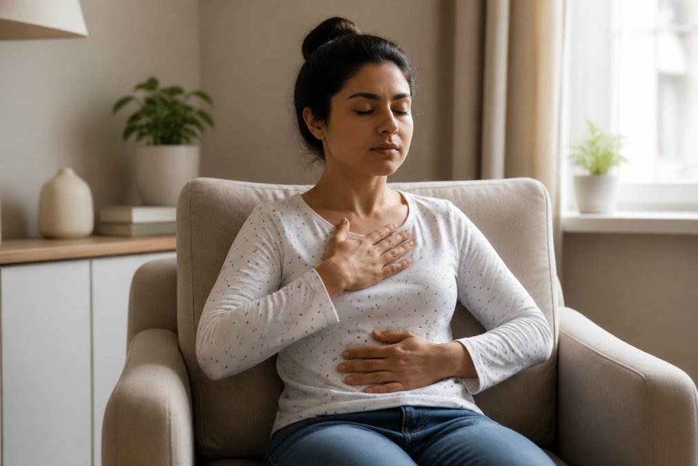 Person practicing deep breathing exercises at home to help manage dental anxiety while sitting comfortably.