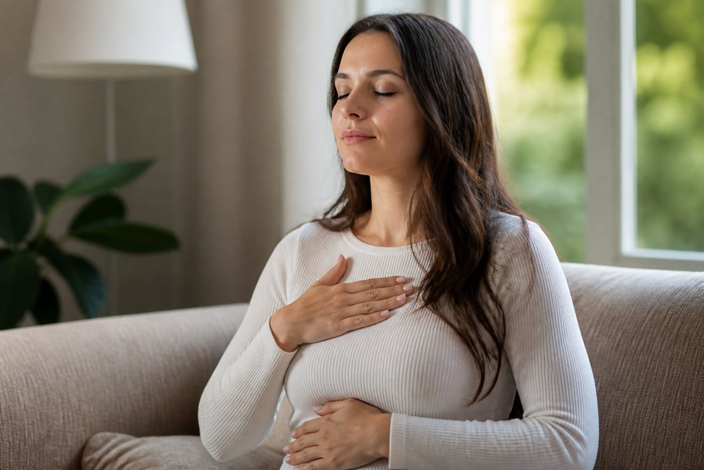 Person sitting in a relaxed posture with hand on chest, eyes closed, demonstrating controlled breathing in a peaceful indoor setting with soft natural lighting