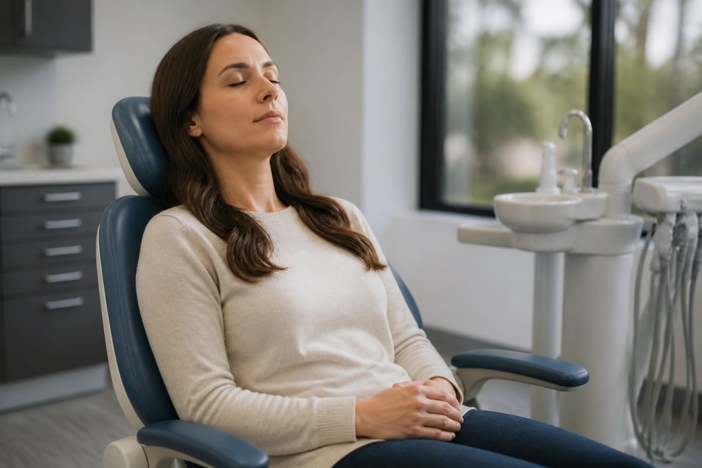 A person sitting calmly in a dental chair with eyes closed, hands resting gently on their lap, appearing relaxed and composed in a softly lit modern dental office
