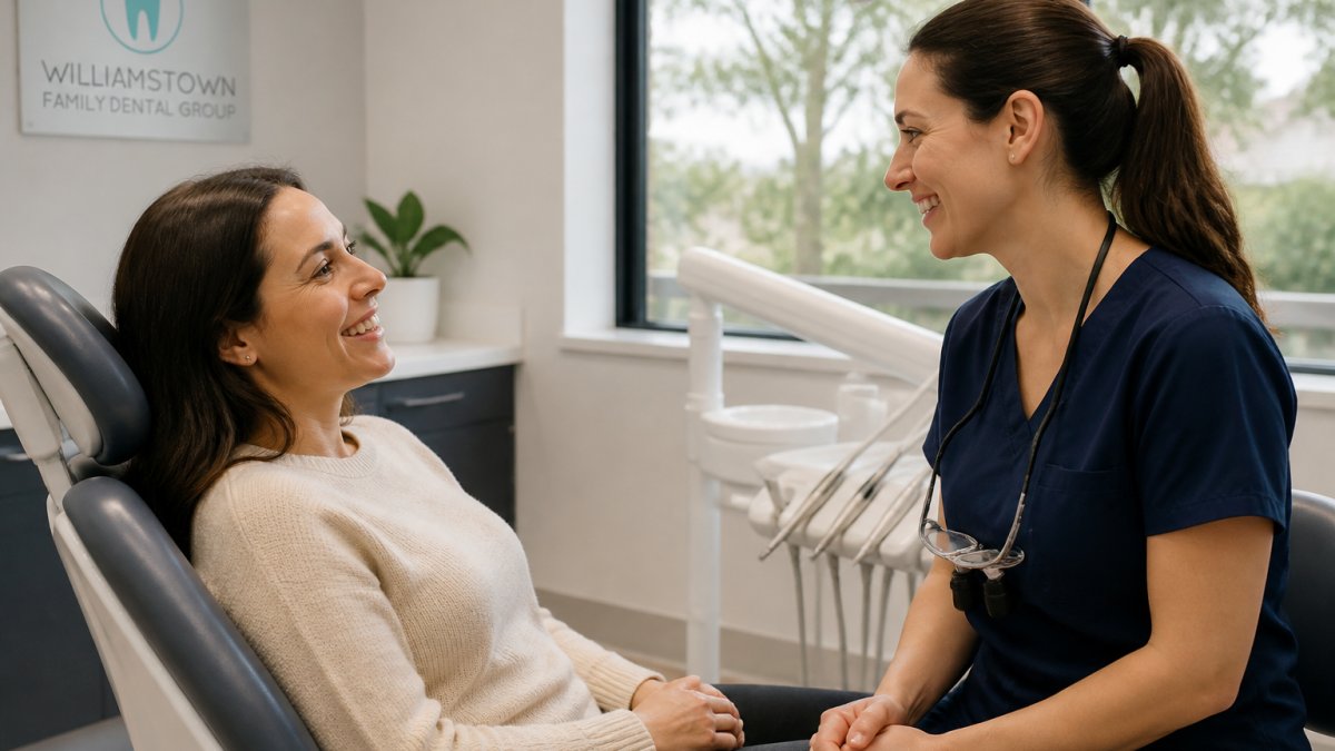 Patient smiling and speaking with a calm, attentive dentist in a bright, welcoming clinic with natural lighting and modern equipment