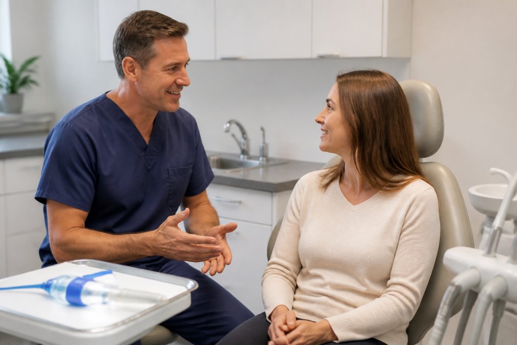 A friendly dentist in scrubs speaking reassuringly to a patient seated in a dental chair, with a nitrous oxide mask visible on a nearby tray in a bright, modern dental office
