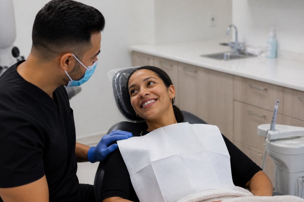 Dentist speaking reassuringly with patient in dental chair, both appearing calm and comfortable, with modern dental equipment visible in soft clinical lighting